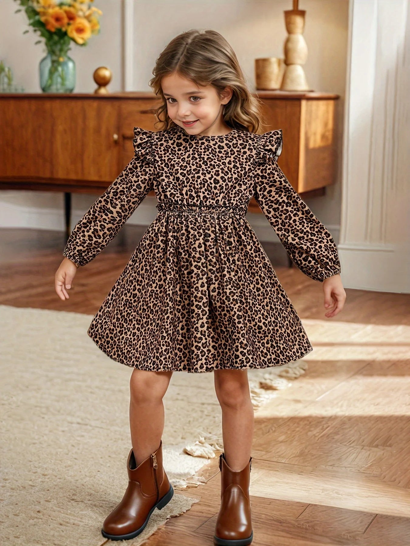 Ins Girls Leopard Print Long-Sleeved Drop Collar Small Flying Sleeves Long-Sleeved Ruffled Simple Dress