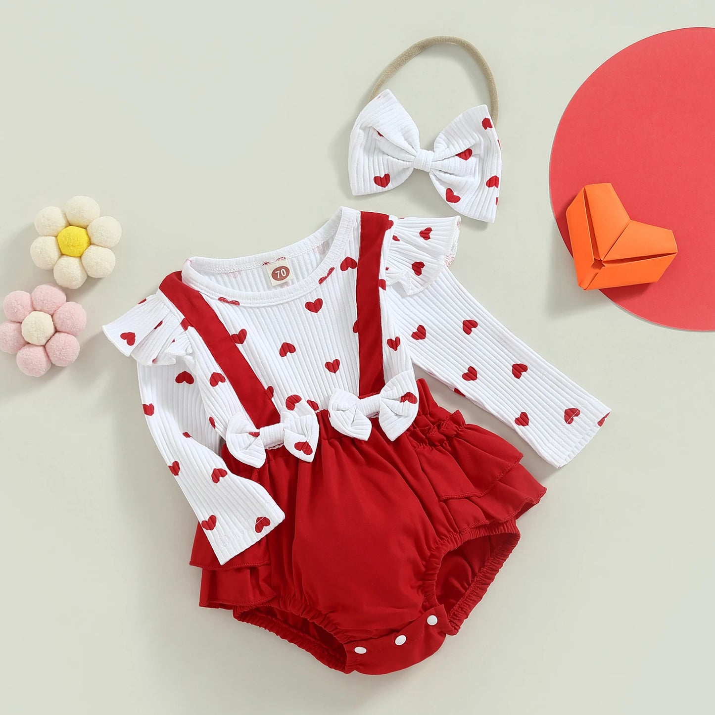 Valentine's Day Infant Baby Girls Romper Heart Print Long Fly Sleeve Crew Neck Ruffles Jumpsuits Baby Jumpsuit with Bow Headband