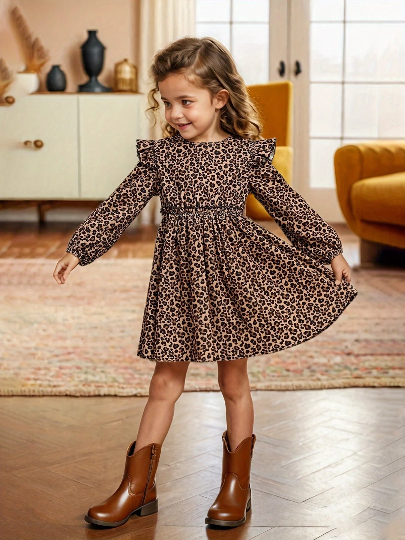 Ins Girls Leopard Print Long-Sleeved Drop Collar Small Flying Sleeves Long-Sleeved Ruffled Simple Dress