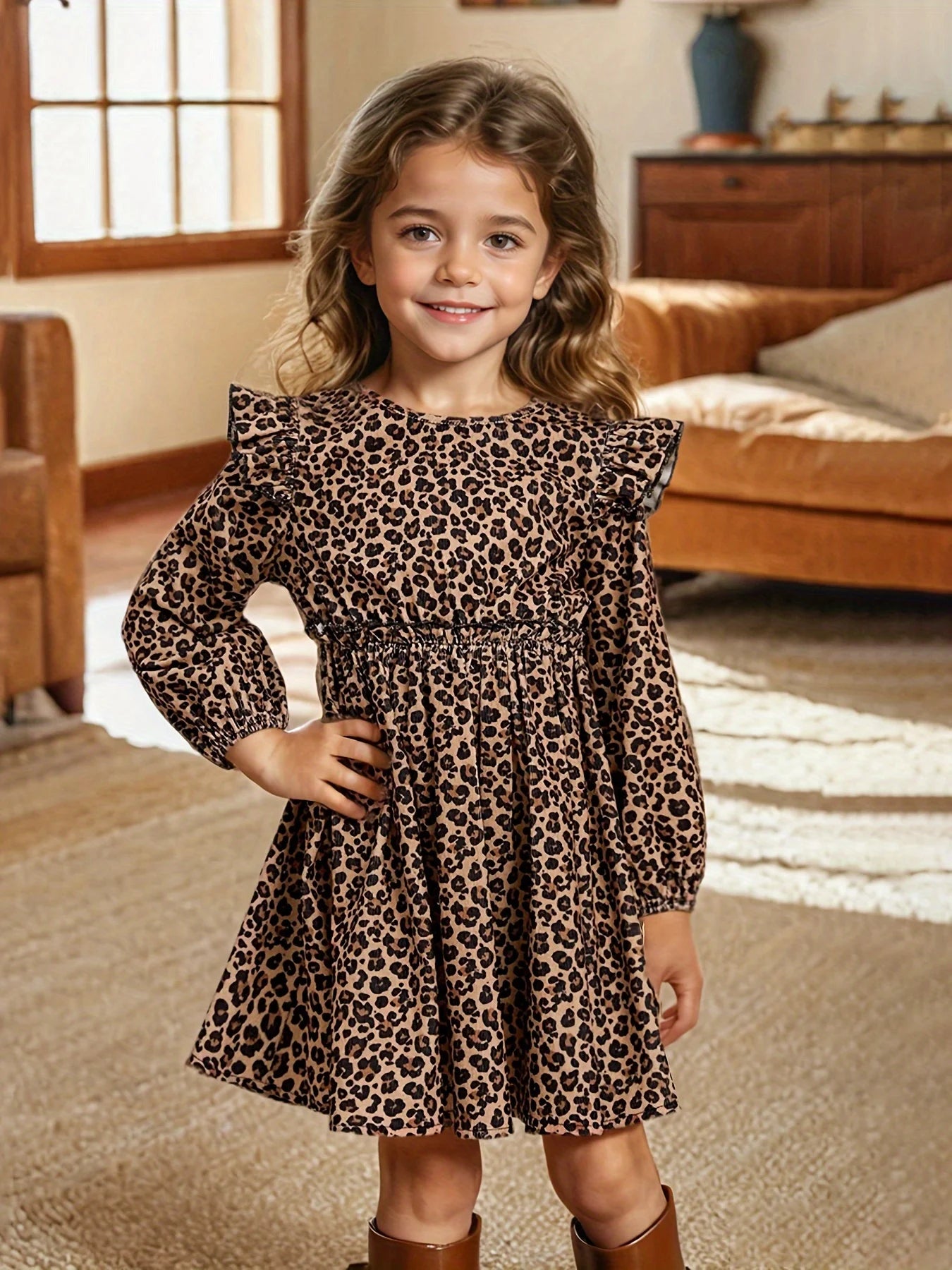 Ins Girls Leopard Print Long-Sleeved Drop Collar Small Flying Sleeves Long-Sleeved Ruffled Simple Dress