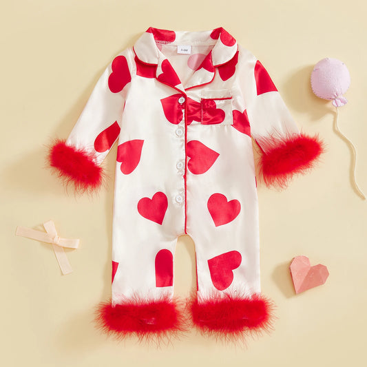 Baby Girl Romper Long Sleeve Lapel Collar Heart Print Jumpsuit Pajamas