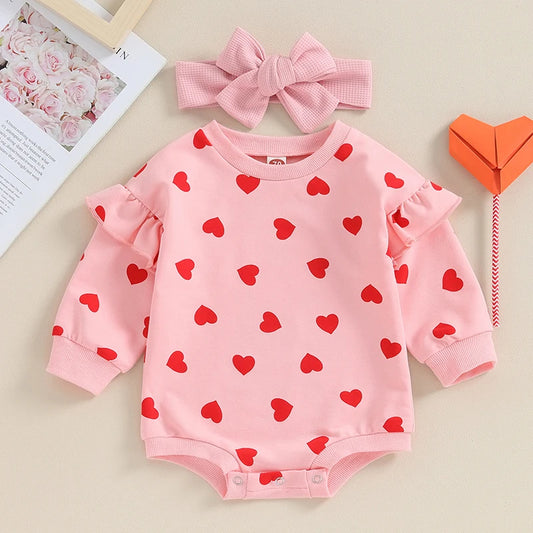0-18M Newborn Baby Girl Valentine's Day Outfits Ruffle Long Sleeve Heart Print Romper with Headband Set Infant Clothes