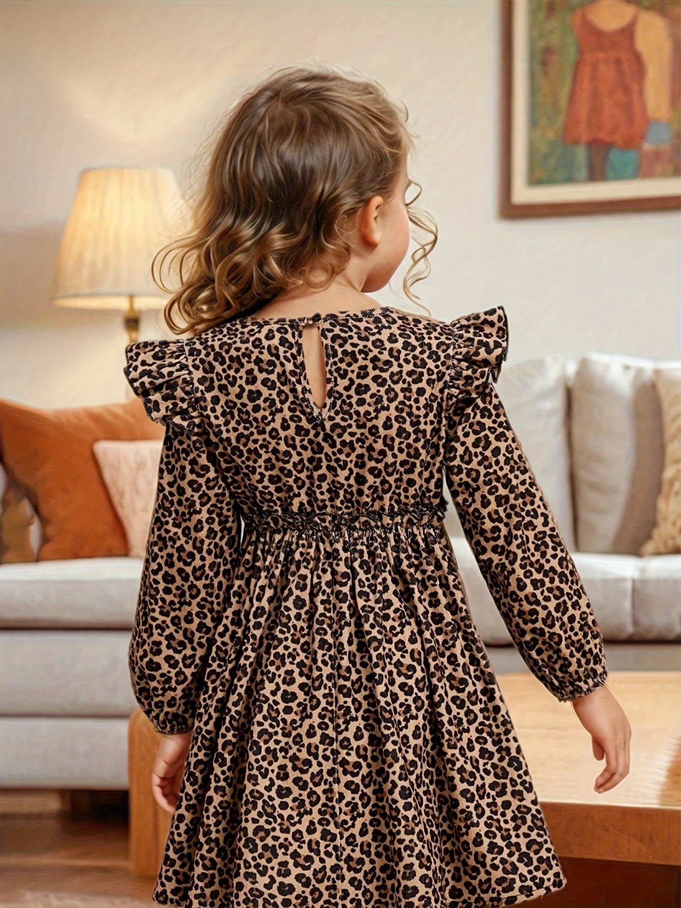 Ins Girls Leopard Print Long-Sleeved Drop Collar Small Flying Sleeves Long-Sleeved Ruffled Simple Dress