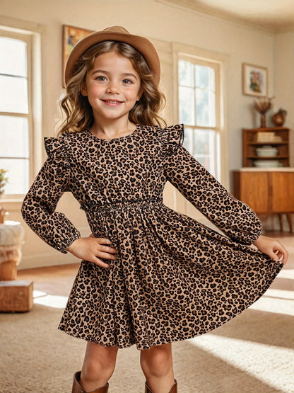 Ins Girls Leopard Print Long-Sleeved Drop Collar Small Flying Sleeves Long-Sleeved Ruffled Simple Dress