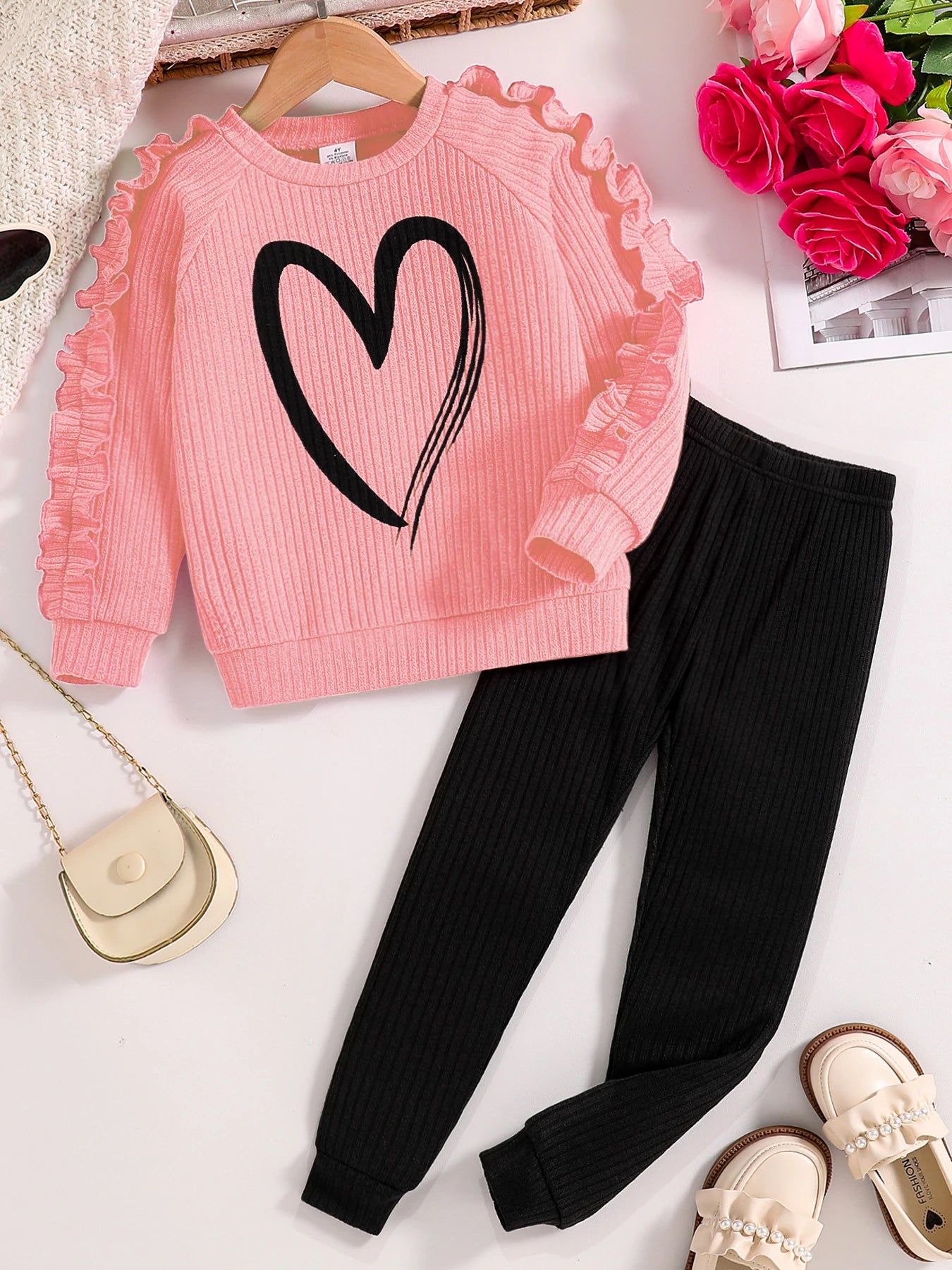 Girl's Long Sleeve Heart Outfit Set 4Y-8Y