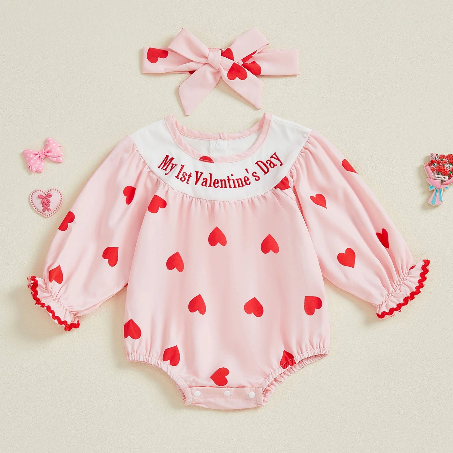 Baby Girls Valentine Romper Heart Print Letter Embroidery Long Sleeve Infant Jumpsuit Headband Outfit