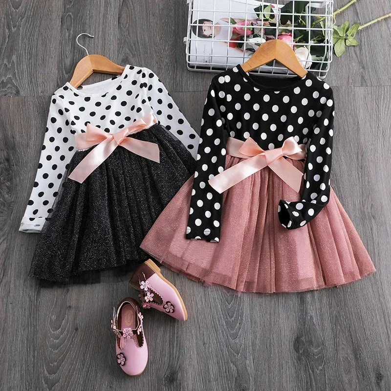 Girl's Polka Dot Long Sleeve Tulle Dress 3T-8T
