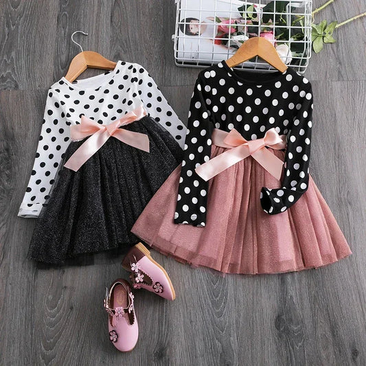 Girl's Polka Dot Long Sleeve Tulle Dress 3T-8T