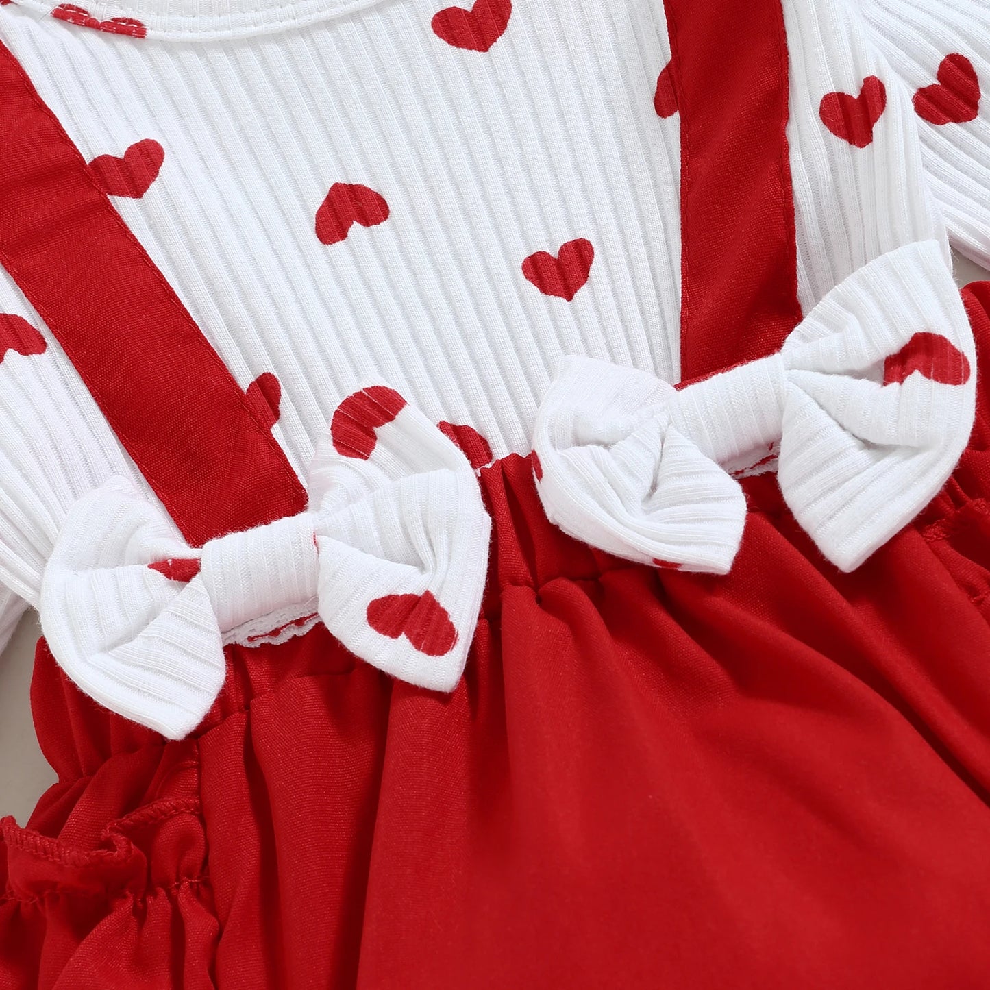 Valentine's Day Infant Baby Girls Romper Heart Print Long Fly Sleeve Crew Neck Ruffles Jumpsuits Baby Jumpsuit with Bow Headband