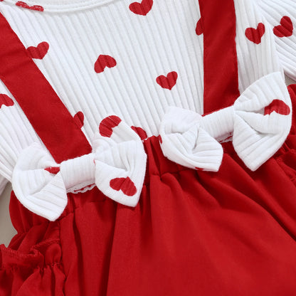 Valentine's Day Infant Baby Girls Romper Heart Print Long Fly Sleeve Crew Neck Ruffles Jumpsuits Baby Jumpsuit with Bow Headband
