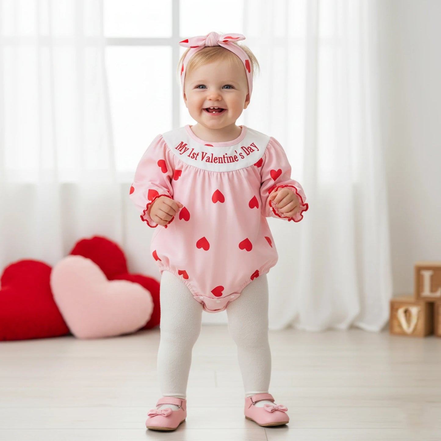 Baby Girls Valentine Romper Heart Print Letter Embroidery Long Sleeve Infant Jumpsuit Headband Outfit