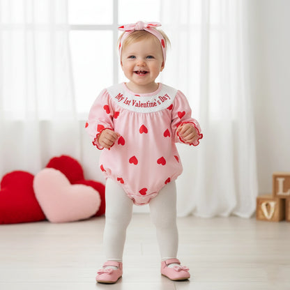Baby Girls Valentine Romper Heart Print Letter Embroidery Long Sleeve Infant Jumpsuit Headband Outfit
