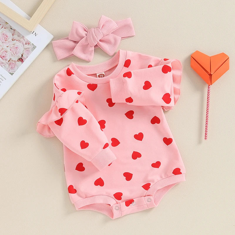 0-18M Newborn Baby Girl Valentine's Day Outfits Ruffle Long Sleeve Heart Print Romper with Headband Set Infant Clothes