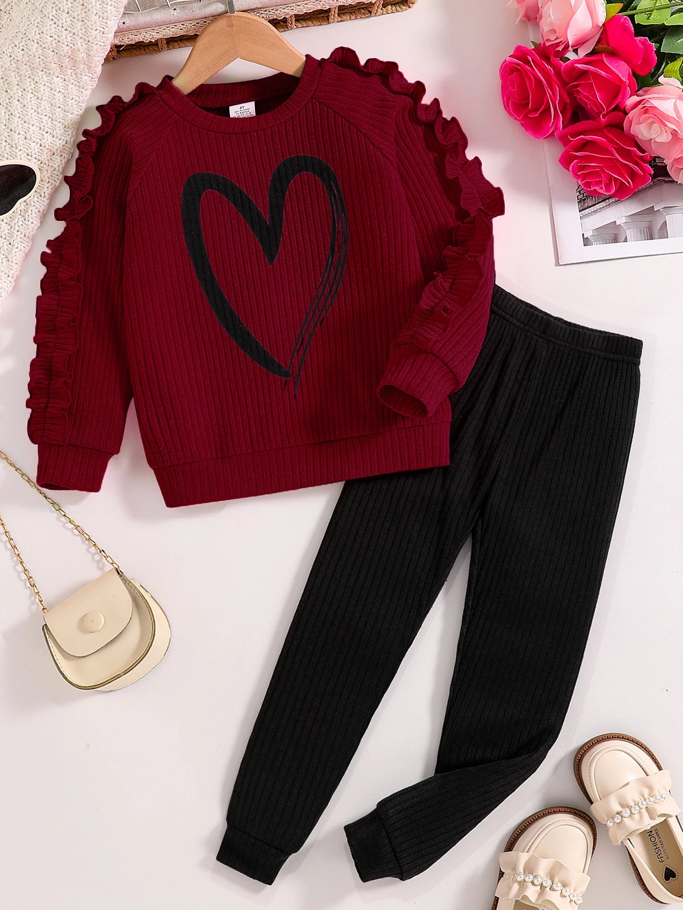 Girl's Long Sleeve Heart Outfit Set 4Y-8Y