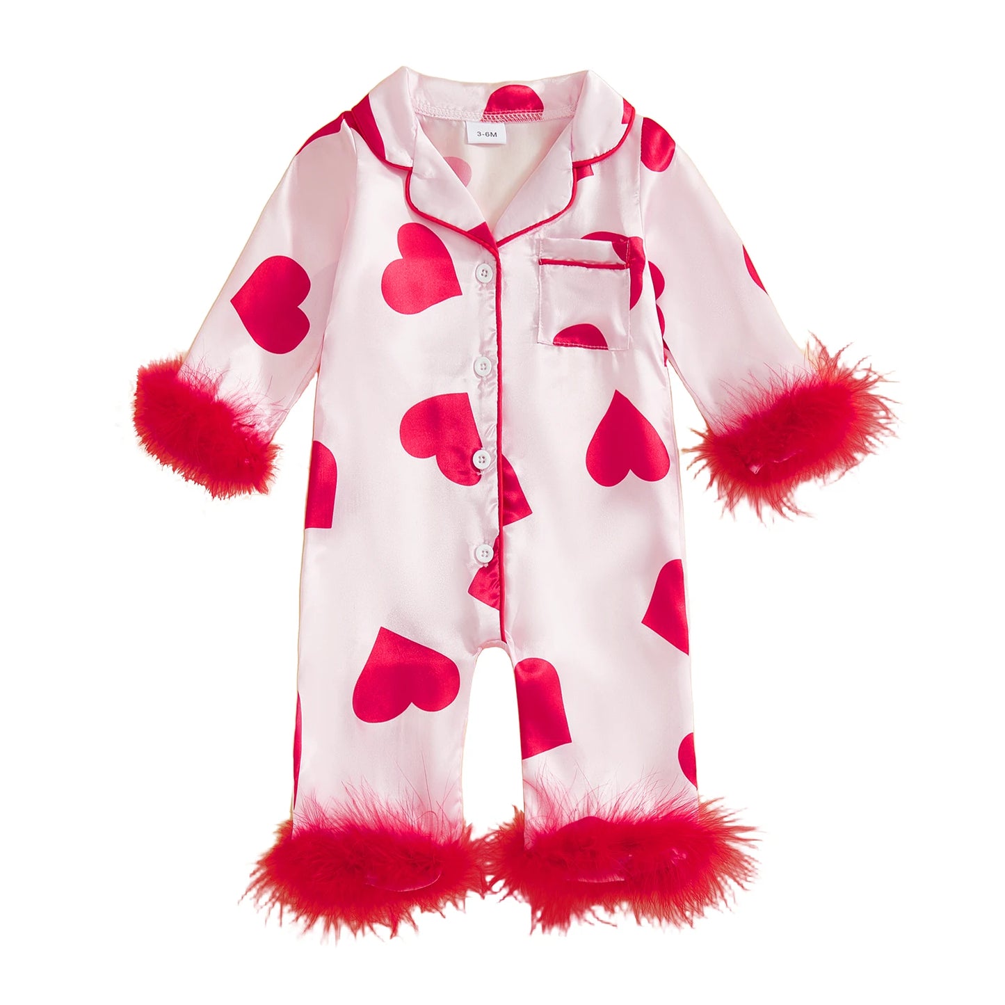 Baby Girl Romper Long Sleeve Lapel Collar Heart Print Jumpsuit Pajamas