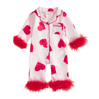 Baby Girl Romper Long Sleeve Lapel Collar Heart Print Jumpsuit Pajamas