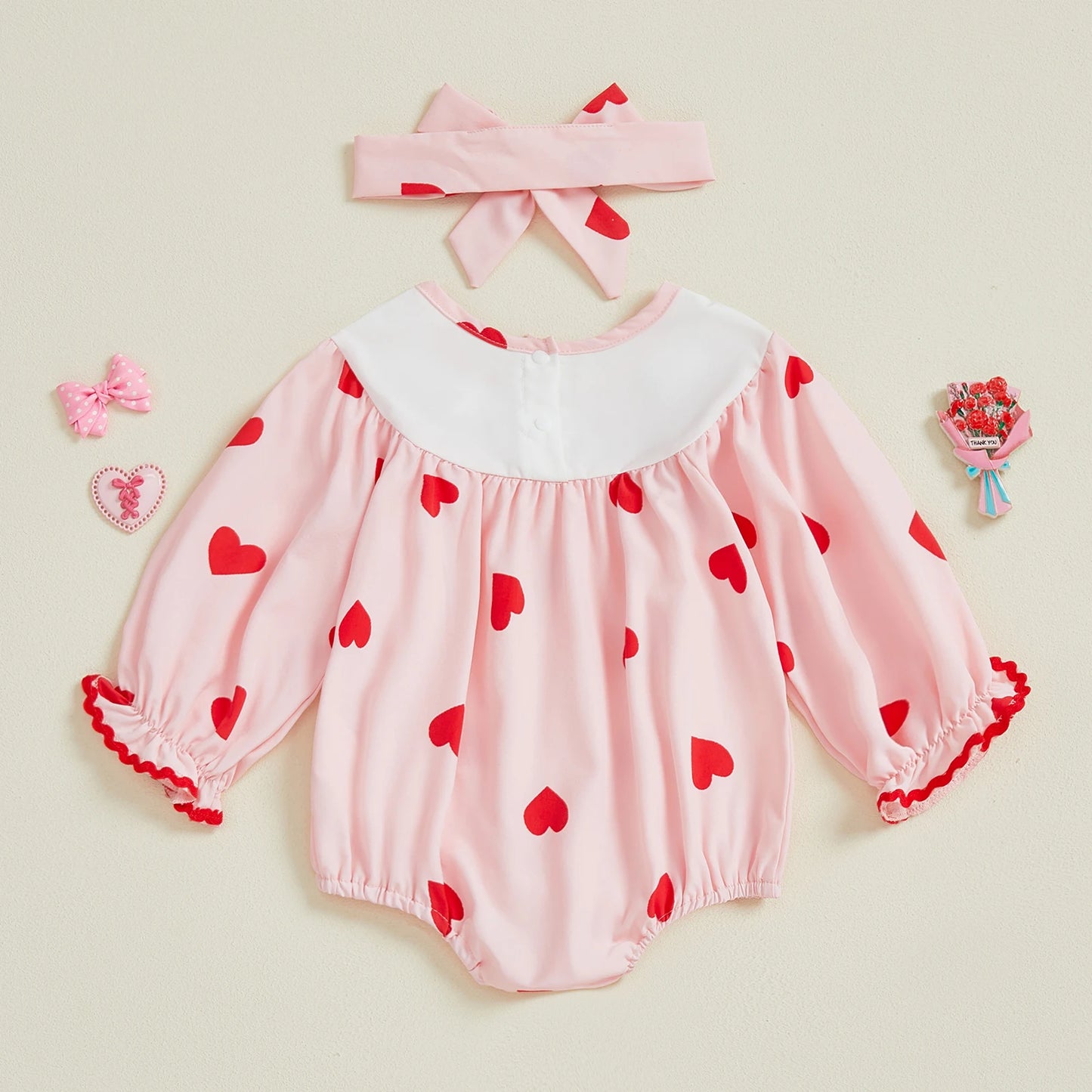 Baby Girls Valentine Romper Heart Print Letter Embroidery Long Sleeve Infant Jumpsuit Headband Outfit