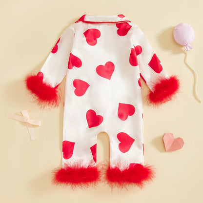 Baby Girl Romper Long Sleeve Lapel Collar Heart Print Jumpsuit Pajamas