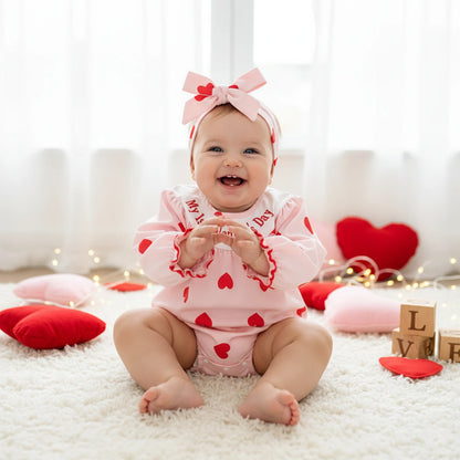Baby Girls Valentine Romper Heart Print Letter Embroidery Long Sleeve Infant Jumpsuit Headband Outfit