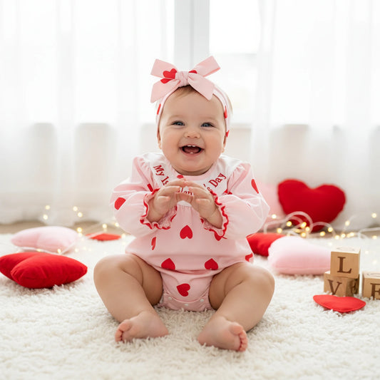 Baby Girls Valentine Romper Heart Print Letter Embroidery Long Sleeve Infant Jumpsuit Headband Outfit
