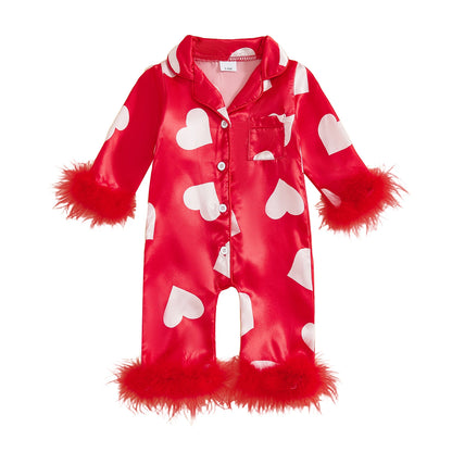 Baby Girl Romper Long Sleeve Lapel Collar Heart Print Jumpsuit Pajamas