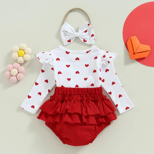 Valentine's Day Infant Baby Girls Romper Heart Print Long Fly Sleeve Crew Neck Ruffles Jumpsuits Baby Jumpsuit with Bow Headband