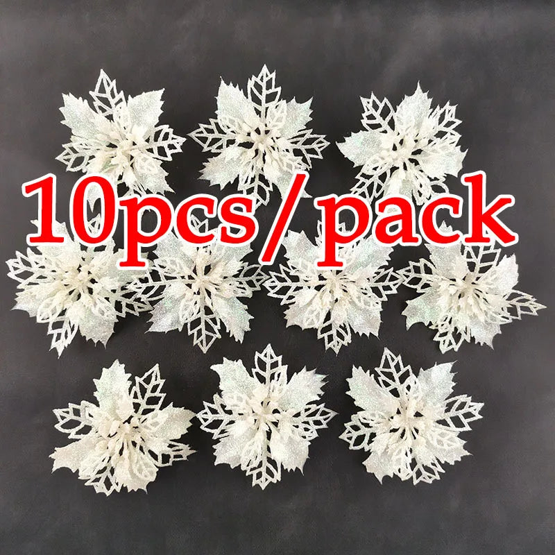 10pcs Artificial Christmas Tree Flower Glitter Decorations