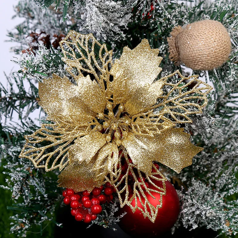 10pcs Artificial Christmas Tree Flower Glitter Decorations