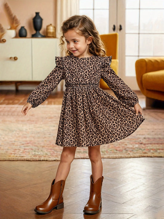 Ins Girls Leopard Print Long-Sleeved Drop Collar Small Flying Sleeves Long-Sleeved Ruffled Simple Dress