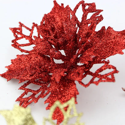 10pcs Artificial Christmas Tree Flower Glitter Decorations