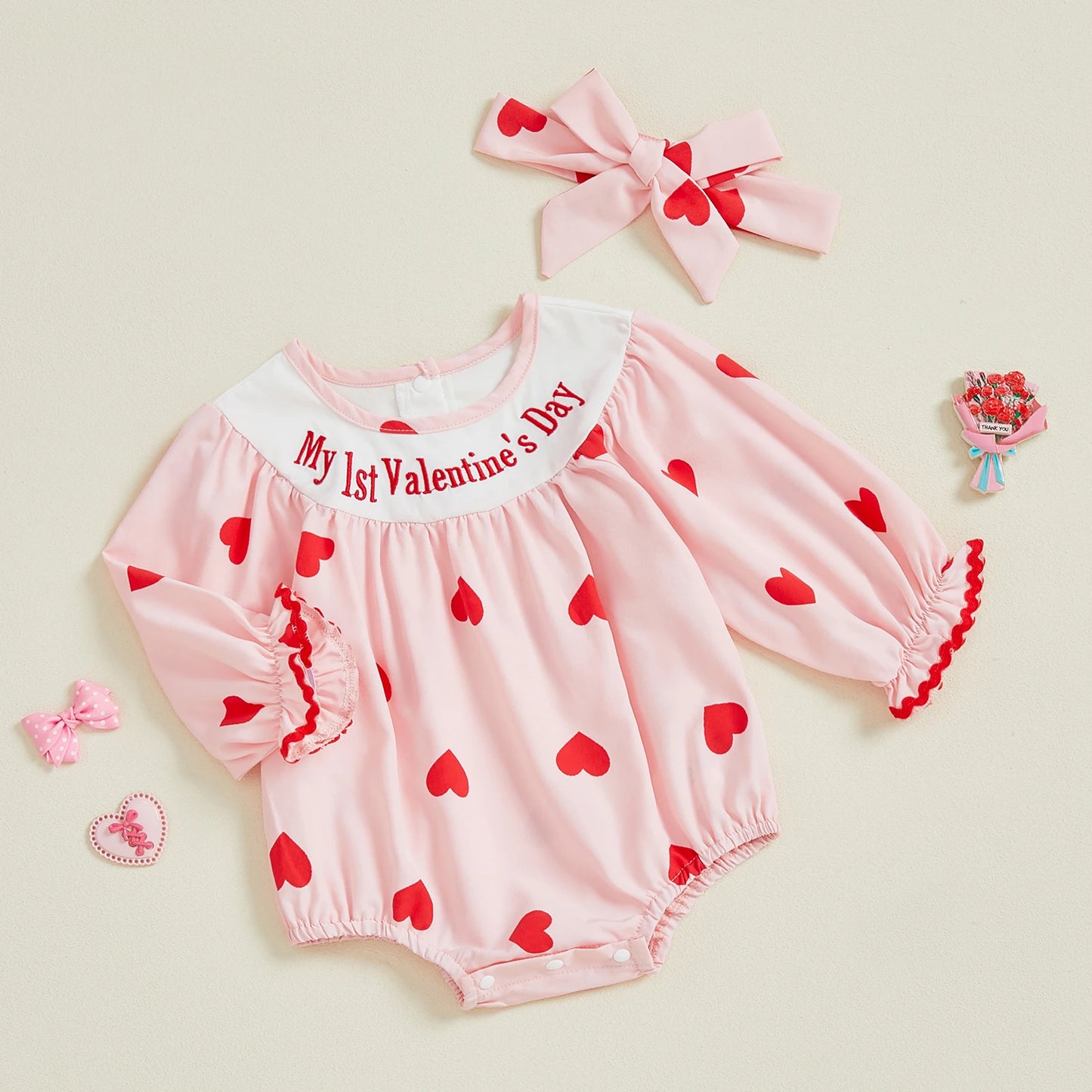 Baby Girls Valentine Romper Heart Print Letter Embroidery Long Sleeve Infant Jumpsuit Headband Outfit