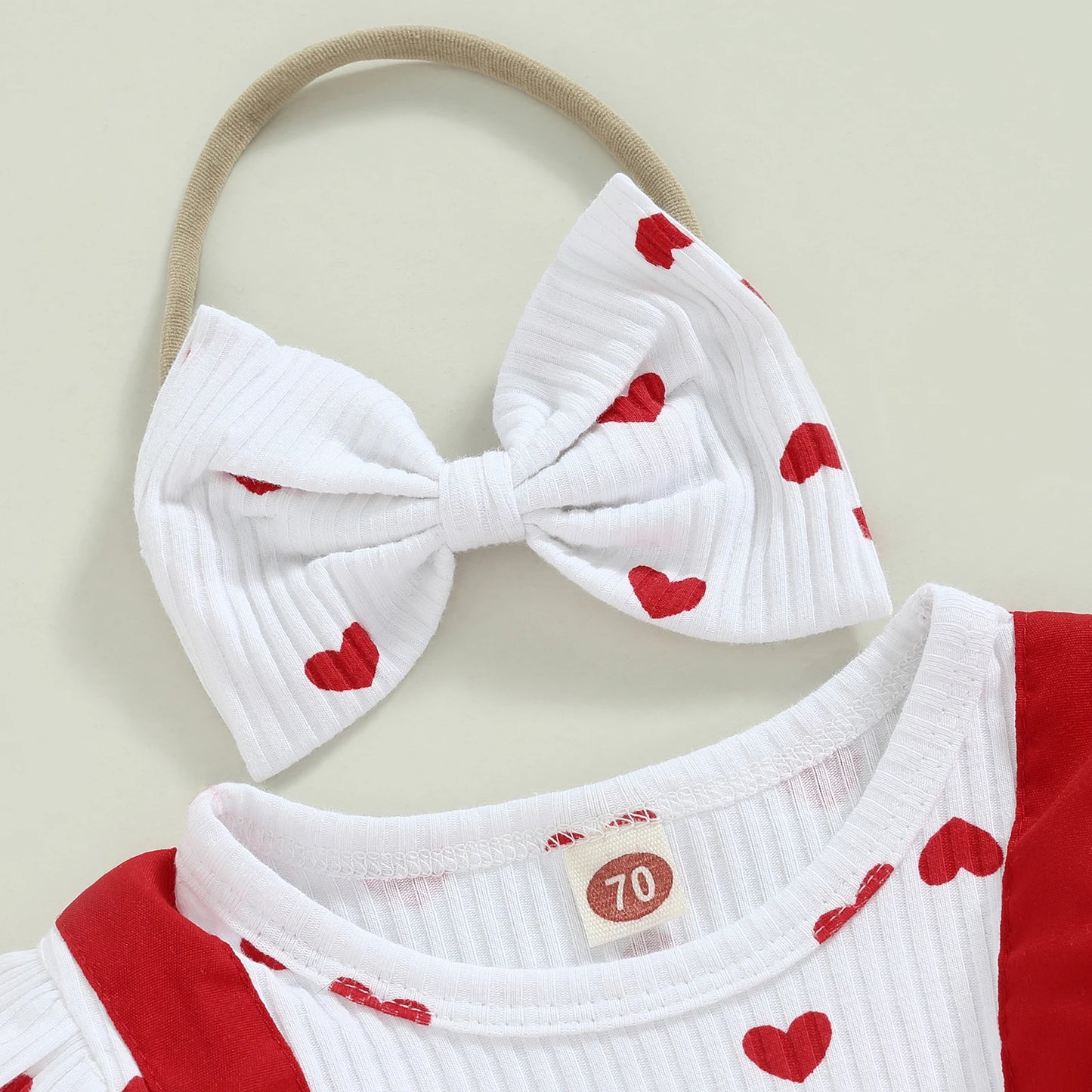 Valentine's Day Infant Baby Girls Romper Heart Print Long Fly Sleeve Crew Neck Ruffles Jumpsuits Baby Jumpsuit with Bow Headband
