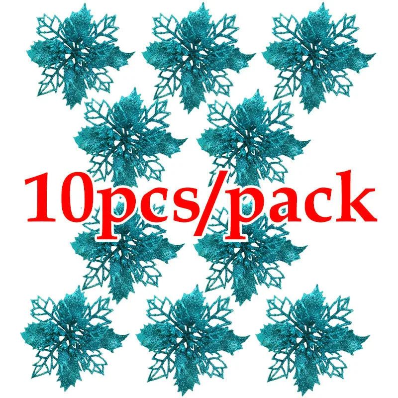 10pcs Artificial Christmas Tree Flower Glitter Decorations