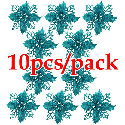 10pcs Artificial Christmas Tree Flower Glitter Decorations
