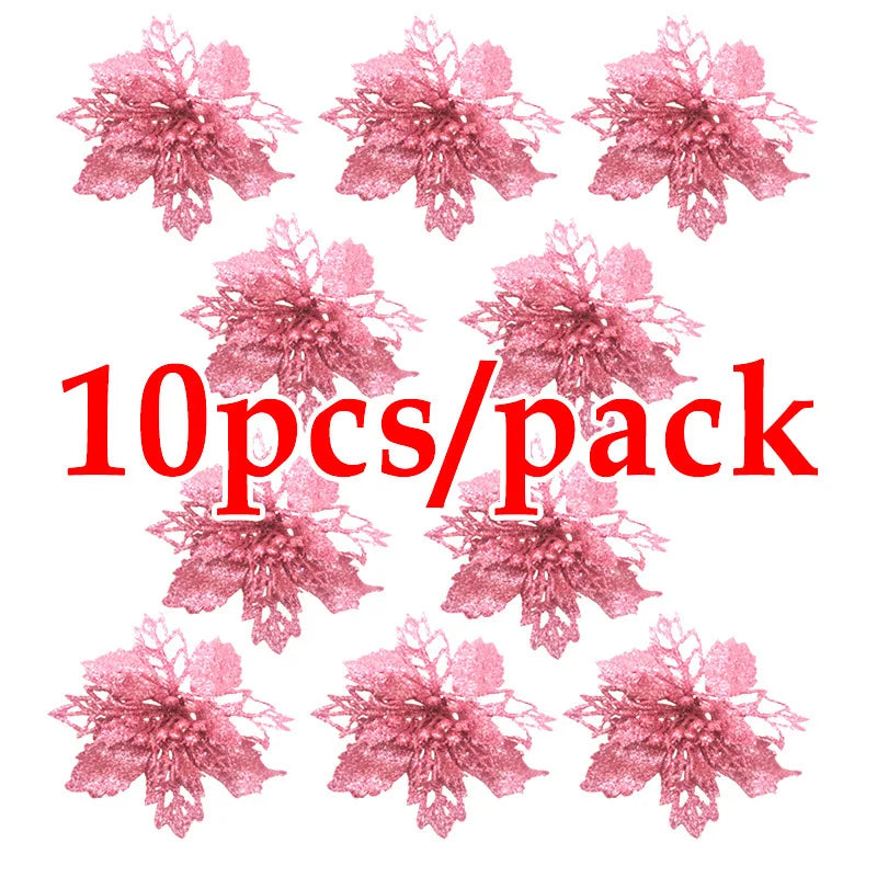 10pcs Artificial Christmas Tree Flower Glitter Decorations