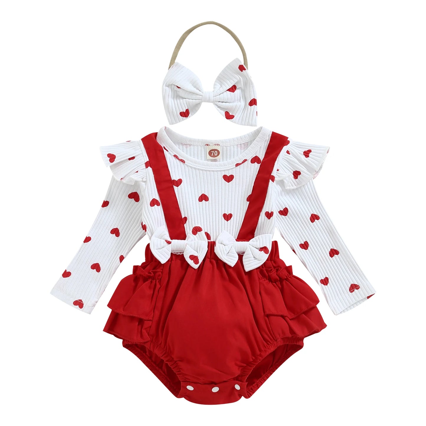 Valentine's Day Infant Baby Girls Romper Heart Print Long Fly Sleeve Crew Neck Ruffles Jumpsuits Baby Jumpsuit with Bow Headband