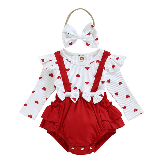 Valentine's Day Infant Baby Girls Romper Heart Print Long Fly Sleeve Crew Neck Ruffles Jumpsuits Baby Jumpsuit with Bow Headband