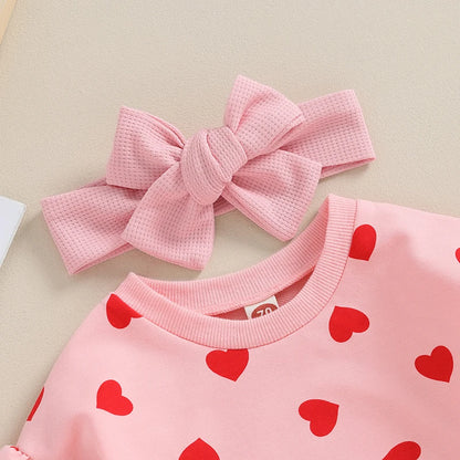 0-18M Newborn Baby Girl Valentine's Day Outfits Ruffle Long Sleeve Heart Print Romper with Headband Set Infant Clothes