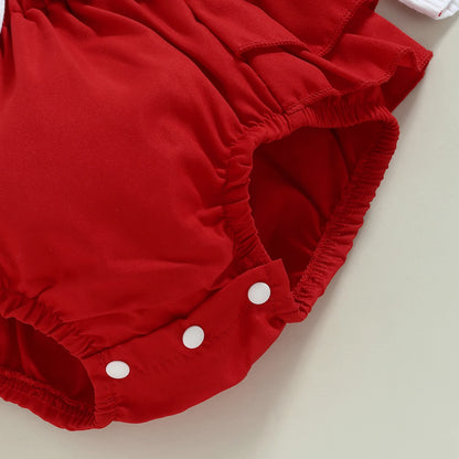 Valentine's Day Infant Baby Girls Romper Heart Print Long Fly Sleeve Crew Neck Ruffles Jumpsuits Baby Jumpsuit with Bow Headband