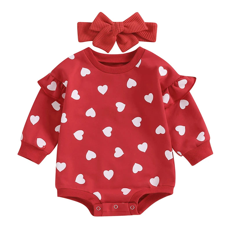 0-18M Newborn Baby Girl Valentine's Day Outfits Ruffle Long Sleeve Heart Print Romper with Headband Set Infant Clothes