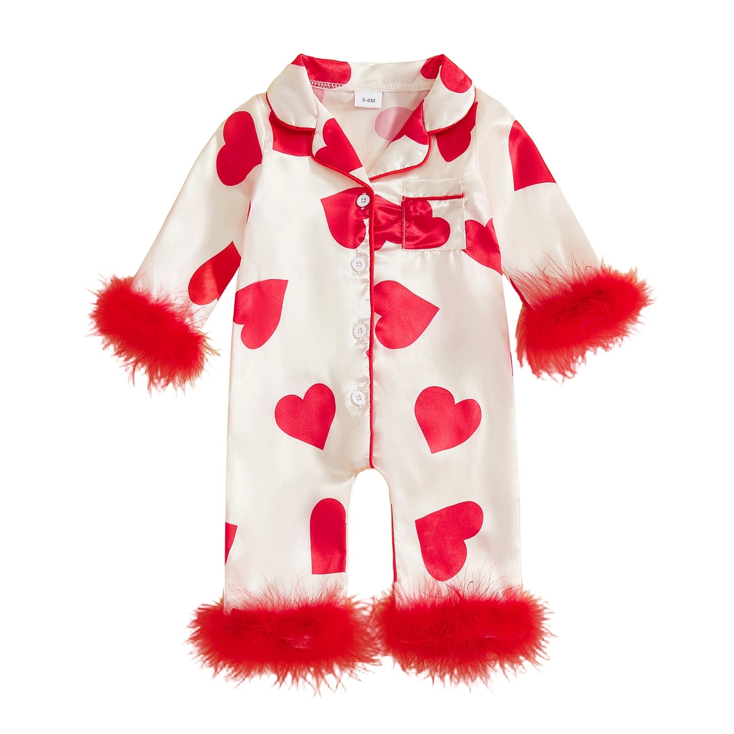 Baby Girl Romper Long Sleeve Lapel Collar Heart Print Jumpsuit Pajamas