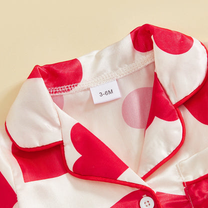 Baby Girl Romper Long Sleeve Lapel Collar Heart Print Jumpsuit Pajamas