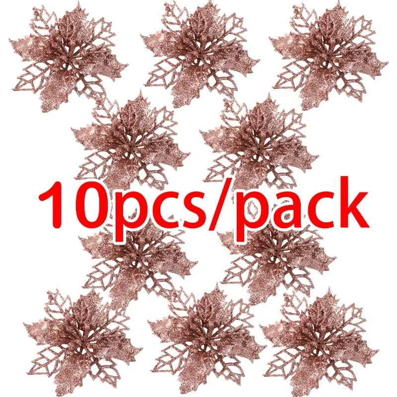 10pcs Artificial Christmas Tree Flower Glitter Decorations