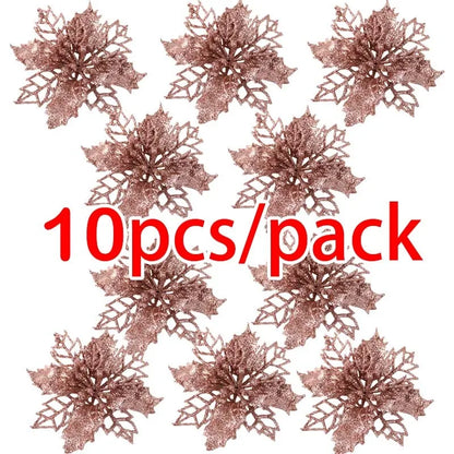 10pcs Artificial Christmas Tree Flower Glitter Decorations