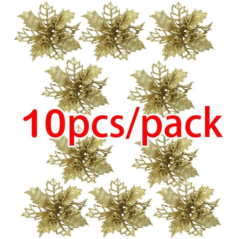10pcs Artificial Christmas Tree Flower Glitter Decorations