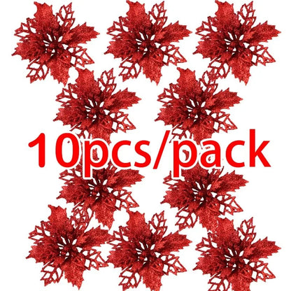10pcs Artificial Christmas Tree Flower Glitter Decorations