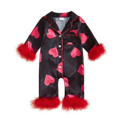 Baby Girl Romper Long Sleeve Lapel Collar Heart Print Jumpsuit Pajamas