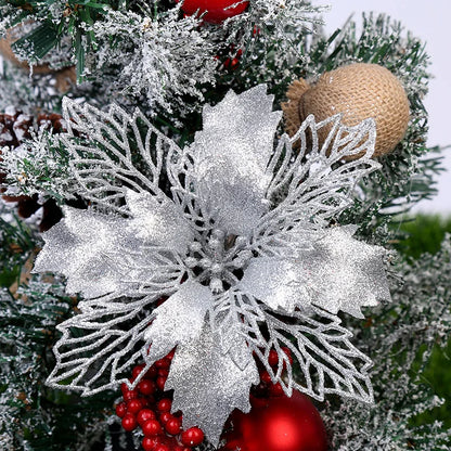 10pcs Artificial Christmas Tree Flower Glitter Decorations