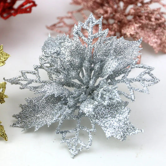 10pcs Artificial Christmas Tree Flower Glitter Decorations