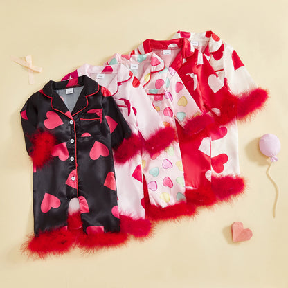 Baby Girl Romper Long Sleeve Lapel Collar Heart Print Jumpsuit Pajamas